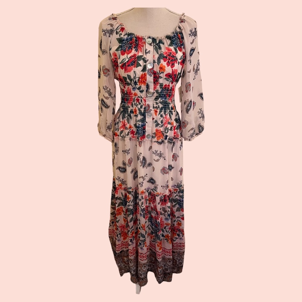 Fig & Flower Floral Block Print Vero Off the Shoulder Smocked Waist Maxi Dress